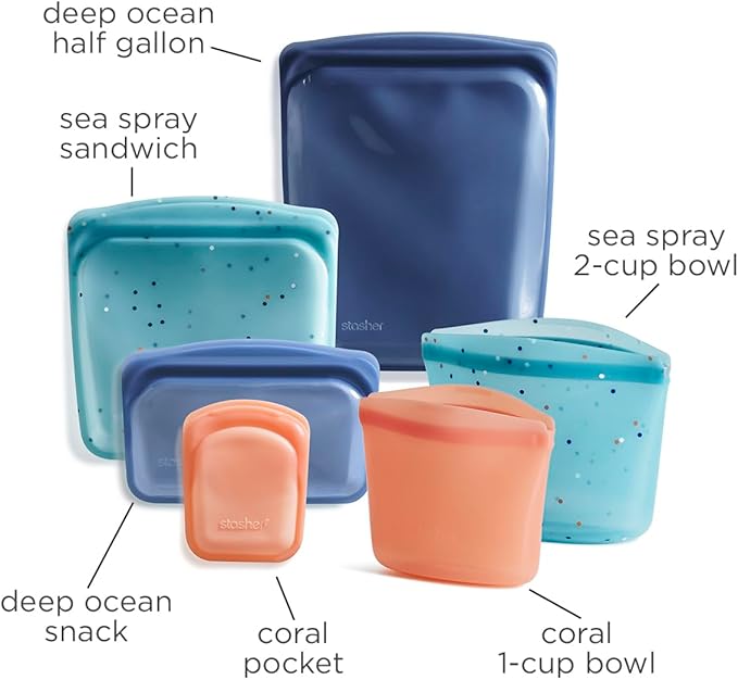 Stasher Silicone Reusable Food Storage Bags, 6-Pack Starter Kit, Reusable Freezer Bags, Microwave, Dishwasher, Oven Safe, Sous Vide, Lunch Containers, Eco Friendly, Snack Bag, Sea Spray | Reusable Food Bags