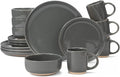 OTAGO 16-Piece Gray Stoneware Dinnerware Set for 4 with Mugs, Plates and Bowls Sets with Partially Unglazed Base, Scratch Resistant Ceramic Dish Set, Microwave & Dishwasher Safe for Kitchen
