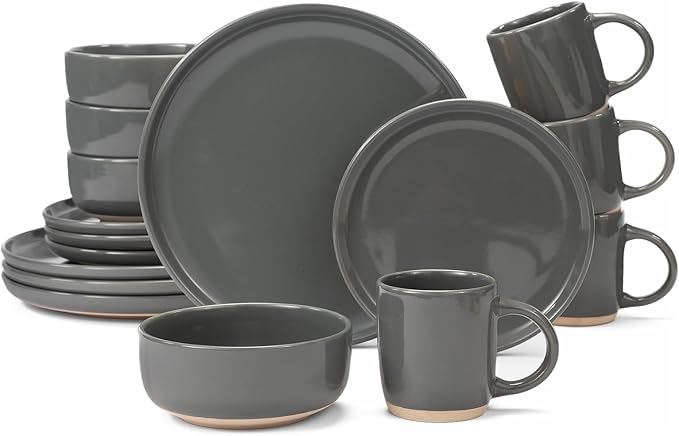 OTAGO 16-Piece Gray Stoneware Dinnerware Set for 4 with Mugs, Plates and Bowls Sets with Partially Unglazed Base, Scratch Resistant Ceramic Dish Set, Microwave & Dishwasher Safe for Kitchen