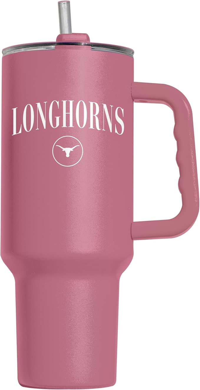 Logo Brands NCAA Texas Longhorns Berry 40 oz Tumbler with Handle - Stylish Everyday Use Powder Coated-Stainless Steel with Straw- Keeps Cold For Hours