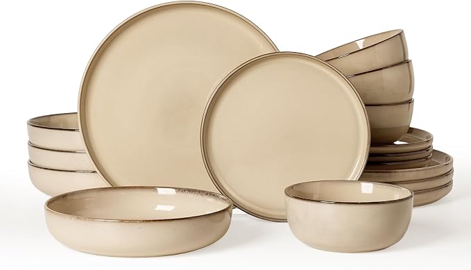 Famiware Milkyway Stoneware Dinnerware Set, 16-Piece, Including Pasta Bowl, Double Reactive Glaze, Plates and Bowls, Service for 4, Microwave and Dishwasher Safe, Scratch-Resistant, Milk Tea