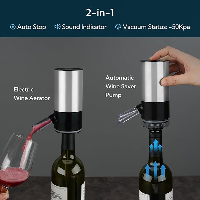 KITCHENDAO Rechargeable Electric Wine Aerator Dispenser and Wine Saver Pump, Automatic Wine Pourer with USB-C Cable, Storage Base and 2 Stoppers, Built-in Sound Indicator,Gift for Valentine's Day