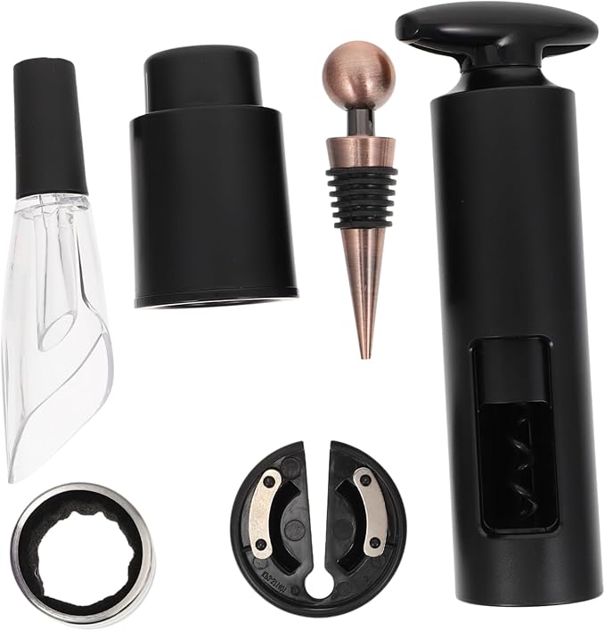 6pcs Wine Pourer Set Vacuum Stoppers Rotary Bottle Opener and Wine Accessories Elegant Black Design