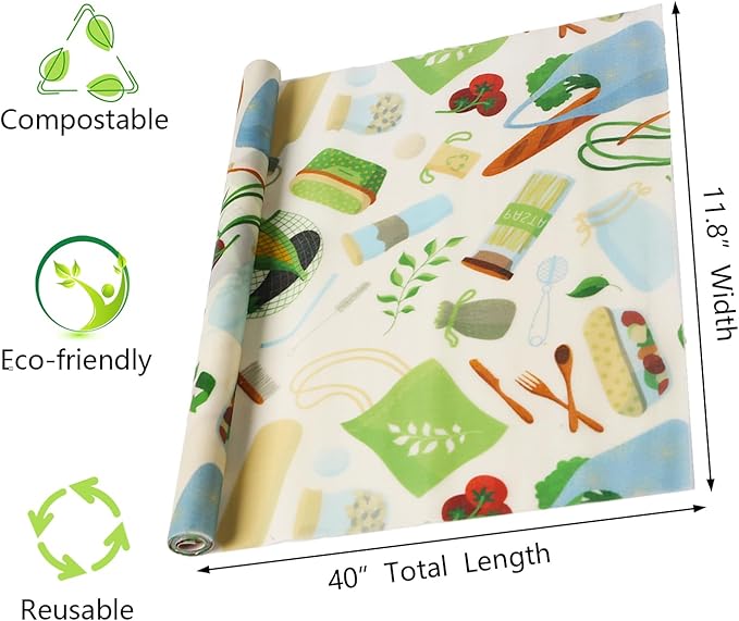 Reusable Beeswax Food Wraps, 12 x 40 Inch Organic Cotton Beeswax Wraps, Plastic-Free Eco Friendly Food Storage Sheets for Kitchen, Bread, Cheese, Fruits and Sandwiches