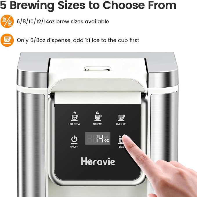 Horavie Single Serve Coffee Maker for K-Cup Pod & Ground, Hot & Iced Coffee Maker, Strong Button Feature, 6 to 14oz Brew Sizes, 50oz Removable Reservoir, Fit 6.5" Mugs, Stainless Steel, White