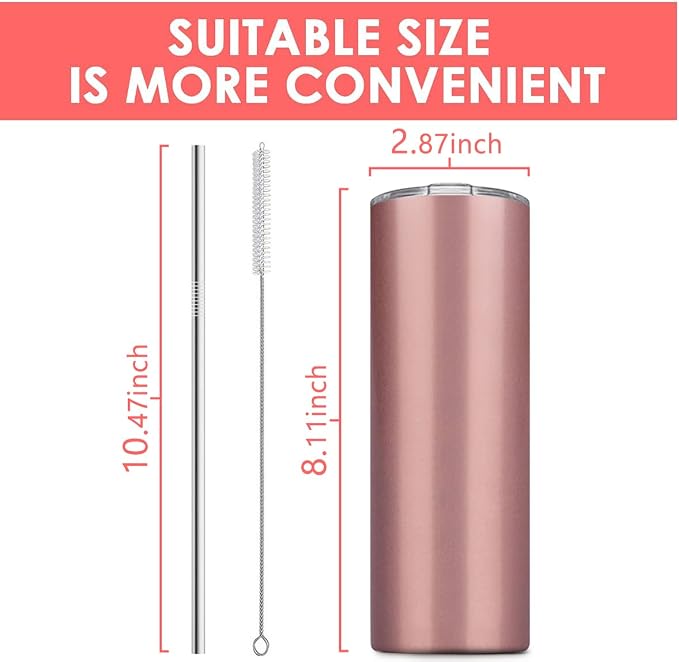 8 Pack Stainless Steel Skinny Tumbler, 20 OZ Double-Insulated Water Tumbler Cup with 8 Straw and 4 Brush, Vacuum Travel Mug Gift for Hot Cold Drinks with Cleaning(Black)
