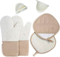 6-Piece Set Silicone Oven Mitts Cooking BBQ Gloves Non-Slip Heat Resistant Soft Cotton Lining Washable Baking Gloves Beige