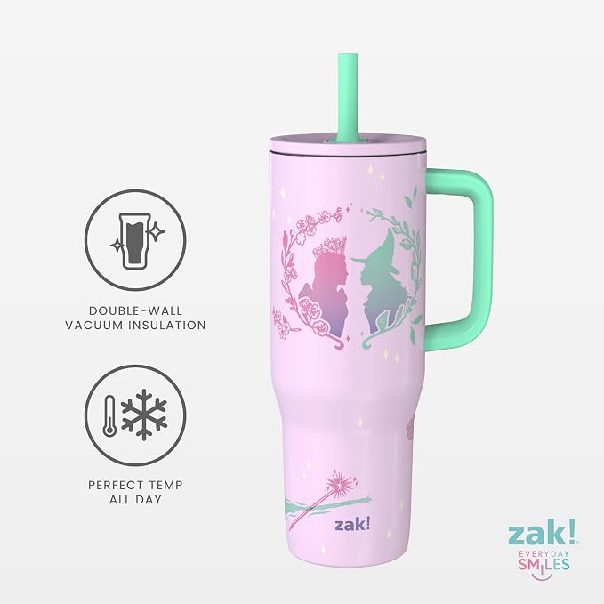 Zak Designs Wicked: For Good Sutton Travel Tumbler for On the Go, 30oz Stainless Steel with Vacuum Insulation, Silicone Straw, and Carry Handle for Cold Drinks (Glinda and Elphaba)