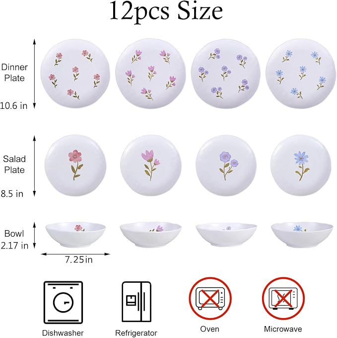 12Pcs Floral Melamine Plates and Bowls, Outdoor Camping Dinnerware | Service for 4, Round Dishes For Picnic, Party, RV, Unbreakable & Shatterproof & Lightweight, Dishwasher Safe