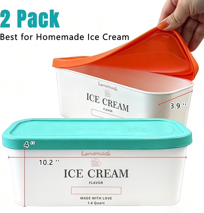 Ice Cream Containers - Silicone Reusable Freezer Storage for Homemade Ice Cream Tub for Sorbet, Frozen Yogurt - Flexible Silicone Lids, Long Scoop, Stackable,2 Pack 1.6 Quart Each
