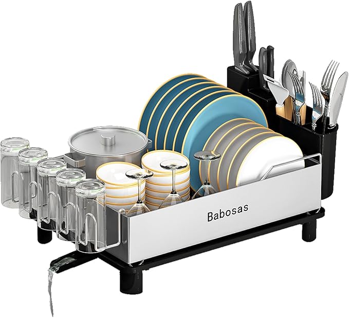 Dish Drying Rack,Large Capcity 304 Stainless Steel Dish Rack for Kitchen Counter,Dish Drainer with Drainboard Set and Utensil Holder & Detachable Cup Shelf,Rustproof Multifunctional Organizer Black