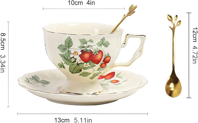 Porcelain Tea Cup and Saucer Set, 8.5 oz/250 ml Ceramic Coffee Mug with Saucer and Spoon, Vintage Coffee Cup with Gold Trim for Mom Women Mother's Day, Strawberry Pattern