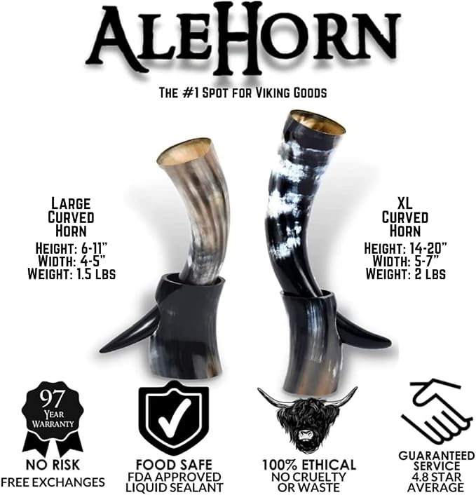 AleHorn Viking Drinking Horn with Stand – Handcrafted Natural Ox Horn Mead & Ale – Medieval Norse Display Cup for Home Bar Decor & Holiday Gifts for Men