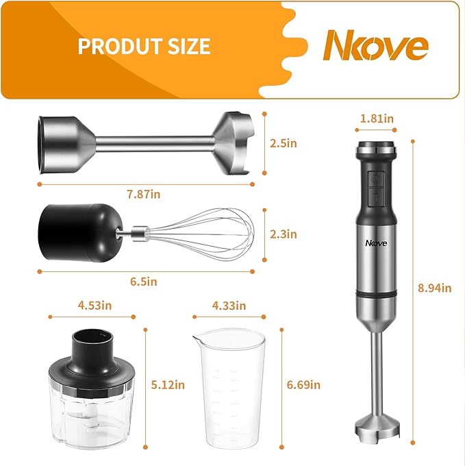 Nkove Immersion Blender Handheld Corded Hand Blenders 5 in 1 Set 800W, Stainless Steel Stick Blender Turbo Mode with 600 ml Mixing Beaker with Lid, 400 ml Chopper, Whisk, Milk Frother, BPA-Free