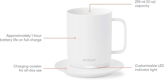 Ember Temperature-Control Smart Mug, 10 Ounce, 1-hr Battery Life, White - App-Controlled Heated Coffee Mug