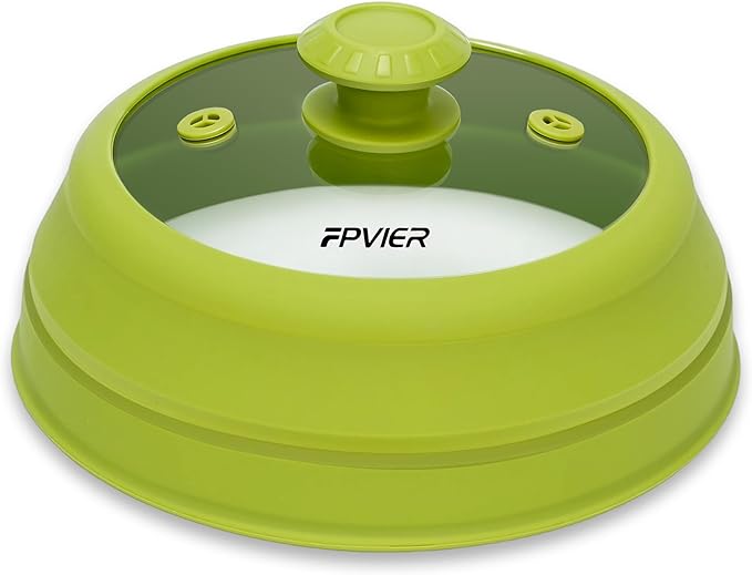 Microwave Splatter cover, Glass Microwave Cover for Food, Guard Lid with Collapsible Silicone for 6-8 inch Plates & Bowls, Dishwasher Safe, Heat Resistant, BPA-Free, 9 inch Green