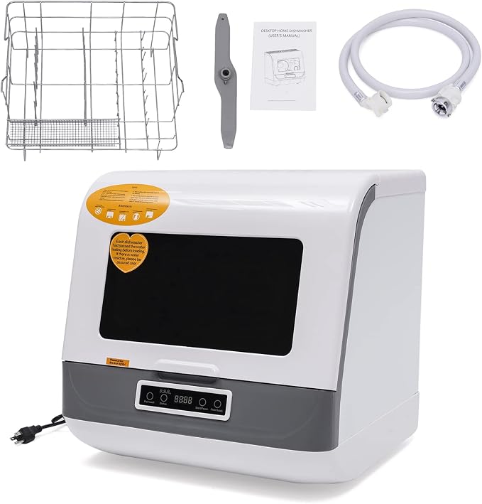 Countertop Dishwasher, 3 Washing Programs Portable Mini Dishwasher with Water Hose for Apartments, RVs, Boats, 360° Rotation Flushing, Hot Air Drying