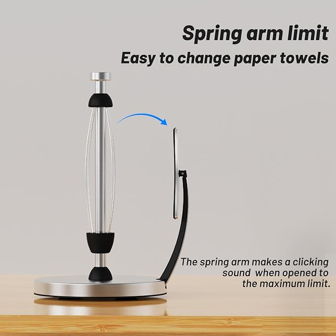 VEHHE Paper Towel Holder Countertop, Paper Towel Holder with Spring Activated Arm and Damping Effect, Simply Tear Paper Towel Stand for Bathroom and Kitchen (Silver)