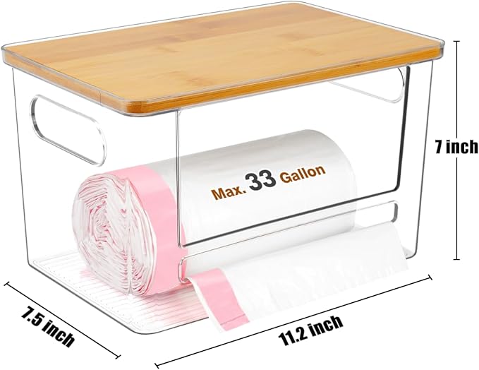 Trash Bag Dispenser 2 Pack, Stackable Acrylic Garbage Bags Dispenser with Bamboo Lid, Extra Large Clear Under Sink Organizer for 13/30/33 Gallon Bags, Kitchen, Cabinet, Laundry Room Storage