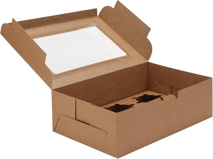EUSOAR Cupcake Boxes, 50pcs 9.4" x 6.2" x 3.0" Muffin Containers 6 Count with Insert and Display Window, Kraft Muffin Cupcake Box Carrier Packaging Cupcake Boxes Fits 6 Cupcakes or Muffins