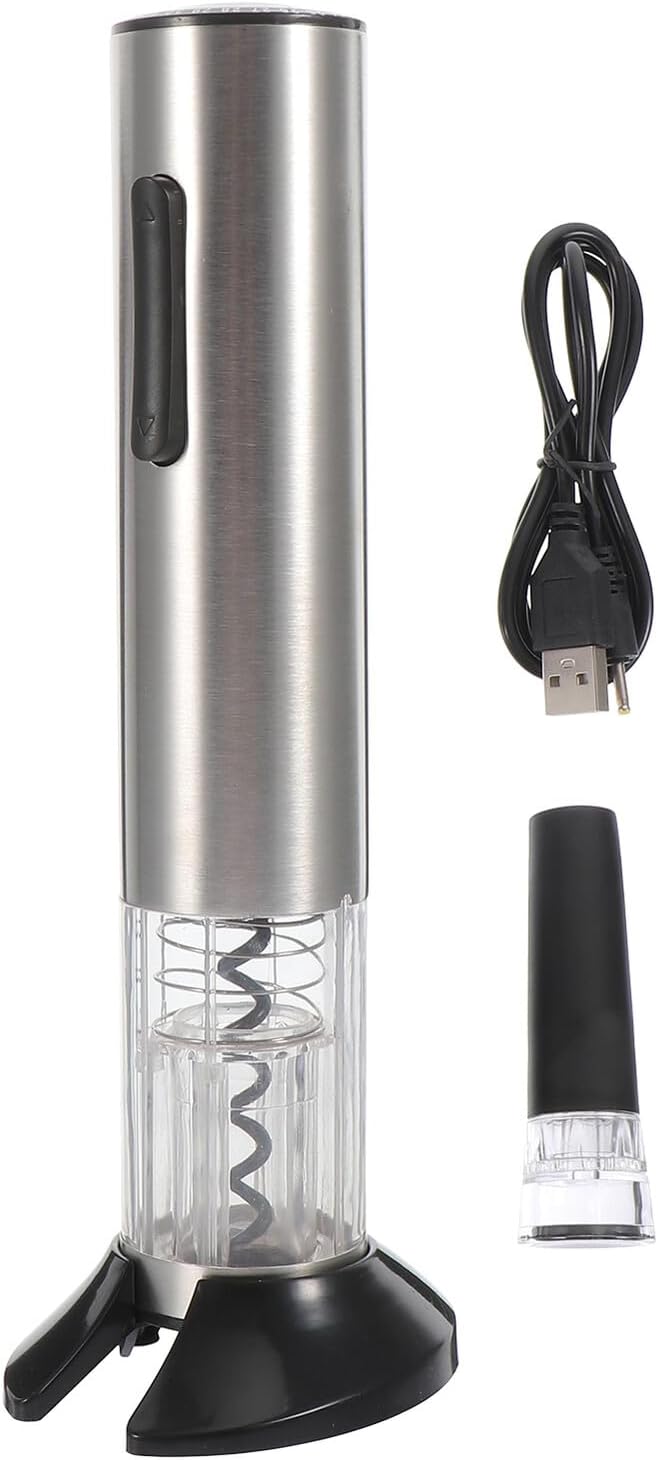 Sosoport Automatic Electric Wine Bottle Opener Rechargeable Stainless Steel Corkscrew with Foil Cutter Vacuum Stopper USB Charging Base for Home Party Bar Use