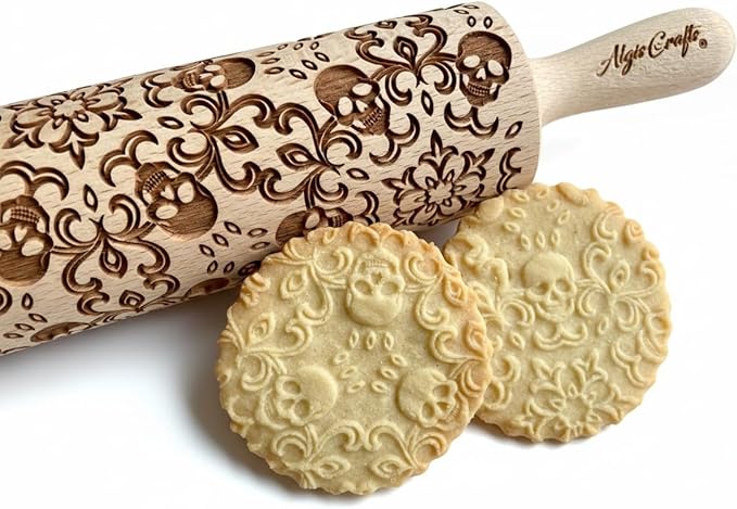 SKULL WREATH Embossing Rolling Pin with SKULLS, Spooky, Death's-head, Halloween Sugar. Laser Engraved Dough Roller for Embossing Homemade Halloween Cookies by Algis Crafts