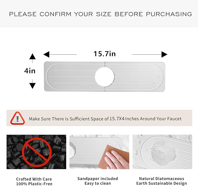 Stone Faucet Mat for Kitchen Sink, Diatomite Fast Drying Absorb Moisture Tray, Prevents Water Buildup, Durable Anti-slip Splash Guard Sink Protector (White, 15.7"x4")