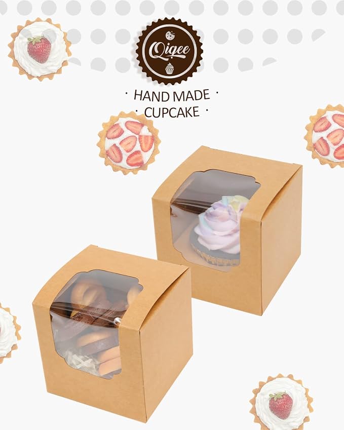 qiqee Auto-pop up Cupcake Boxes 100-Packs Individual Cupcake Container Brown Kraft 3.5" x 3.5" x 3.5" Single Cupcake Boxes