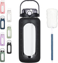 BLUEGO 64oz Glass Water Bottles with Straw Time Marker Half Gallon Large Motivational Water Bottle with Silicone Sleeve 2 Liter Large Glass Water Jug Daily, Black