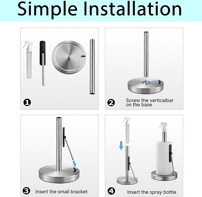 2-in-1 Standing Paper Towel Holder with Spray Bottle, Paper Towel Stand with Suction Base & Weighted Arm for Kitchen, Countertop, Stainless Steel Brushed Nickel Finish (Black)