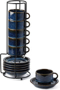 JIEMEI HOME Porcelain Stackable Espresso Cups with Saucers and Metal Stand,4 Ounce Demitasse Cups for Coffee Drinks, Latte, Tea - Set of 6, Stackable Espresso Mugs, Reactive Glaze, Bule