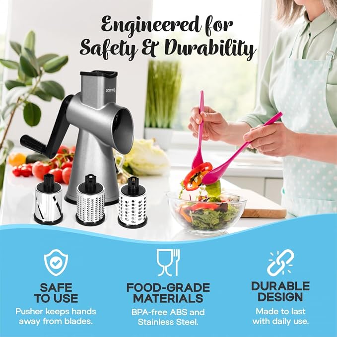 Courant cheese grater hand crank manual, cheese shredder, High Grade steel housing-Vegetable Slicer salad shooter & vegetable shredder Rotary Grater Slicer for, Nuts, with 3 Interchangeable Blades