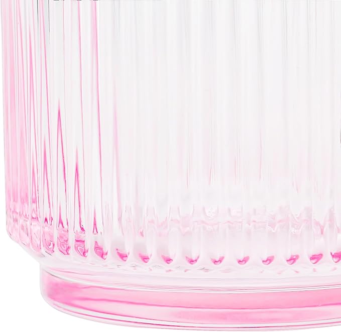 Glass Coffee Mugs 6 Pack - 12 OZ Pink Coffee Cups with Handles - Classic Vertical Stripes Transparent Tea Cup Set for Hot Cold Beverages