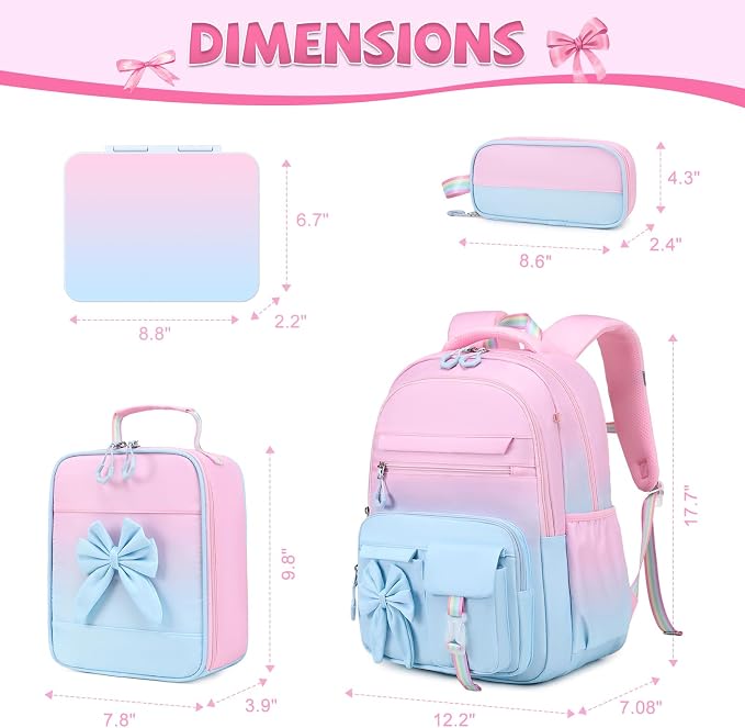 DIGOBAY Girls Backpack - Kids Bento Box Set with Insulated Lunch Bag, Cutlery and Pencil Case, 6 Leak-Proof Compartments, Removable Tray for Girls, Teens School Picnic (Pink-Blue)