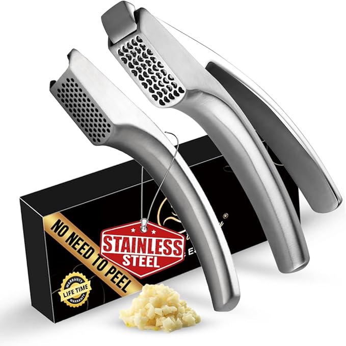 No Peeling Required Garlic Press Stainless Steel with Two Detachable Handles for Coarse & Fine Mincing-Premium Garlic Mincer Tool, Easy to Clean, Dishwasher Safe Garlic Crusher, Lifetime Replacement