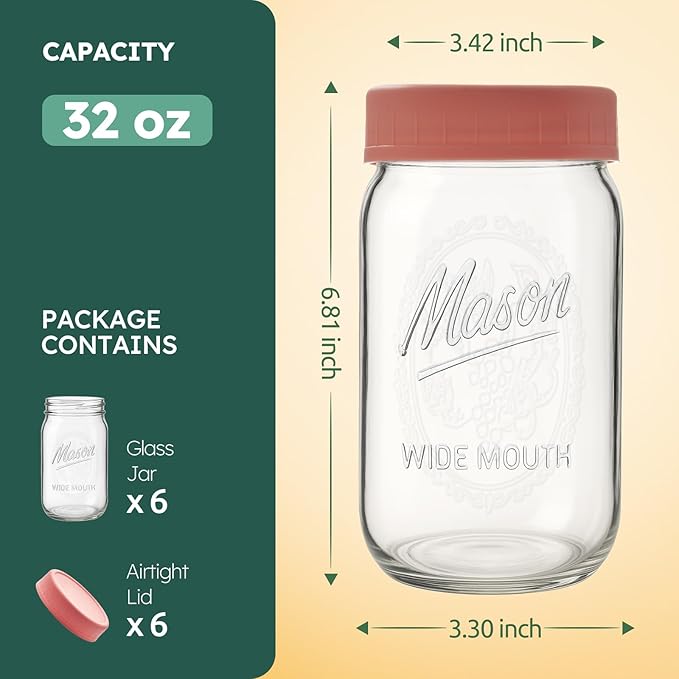 32 oz Glass Jars, Wide Mouth Mason Jars with Airtight Lids for Food Storage, Snacks, Meal Prep & Lunch Leakproof (4 Pack - Color)