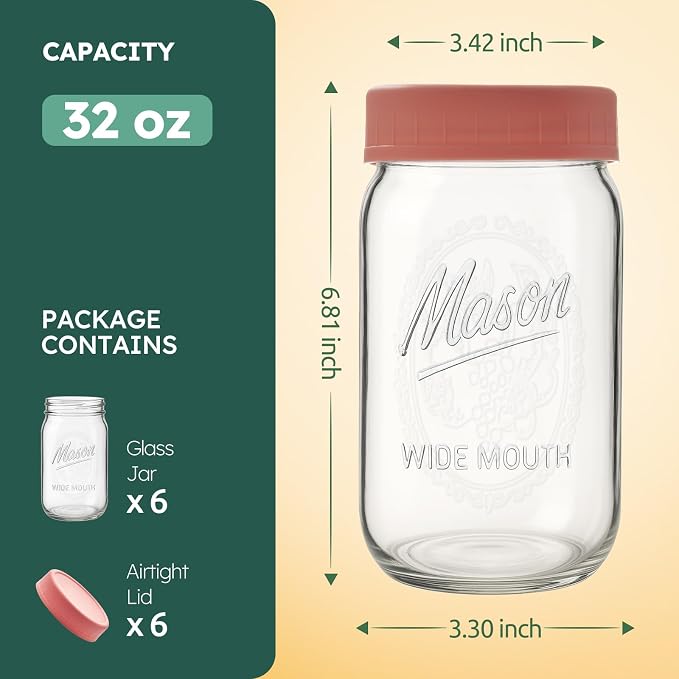 32 oz Glass Jars, Wide Mouth Mason Jars with Airtight Lids for Food Storage, Snacks, Meal Prep & Lunch Leakproof (6 Pack - Color)