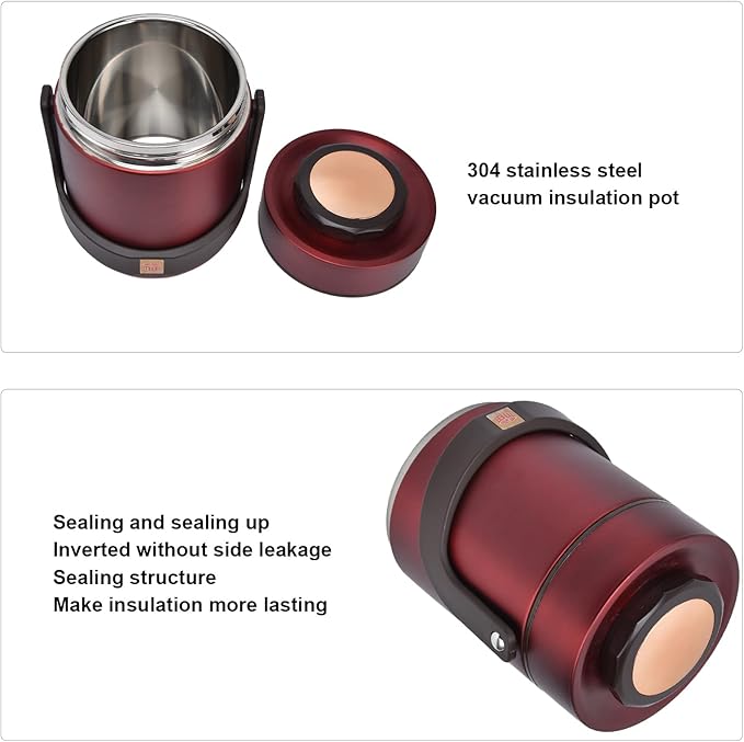 1.5L Bento Box, High Capacity Stainless Steel Portable Bento Box, Hot Food Thermos, Adults Lunch Thermos, 3 Layer Sealed Stackable Food, for Outdoor Office(Red)