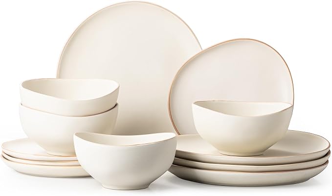 Dafuceramic Stoneware Dinnerware Set for 4, 12 Piece Plates and Bowls Set with Glazed Rim,Chip & Scratch Resistant Plates Sets, Dishwasher Microwave Safe Dishes (Light Beige)