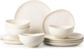Dafuceramic Stoneware Dinnerware Set for 4, 12 Piece Plates and Bowls Set with Glazed Rim,Chip & Scratch Resistant Plates Sets, Dishwasher Microwave Safe Dishes (Light Beige)