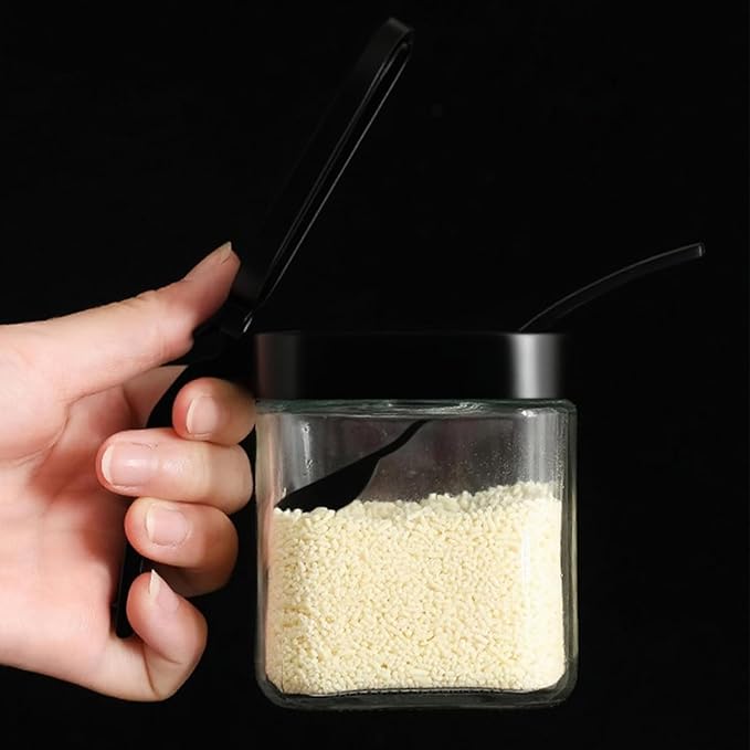 12 PCS Kitchen oil dispensers Spice Jars And Food Conainers Set, Clear Glass With Food Degree Plastic, 17 oz Cooking oil dispener, 8.8 oz Condiment Spice Jars, 8.4 oz Sealing Oats Containers Black