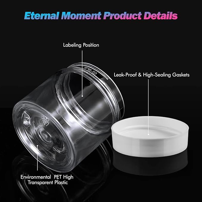 50 Pack 2 OZ Plastic Jars Round Clear Cosmetic Container Jar with White Lids, Eternal Moment Plastic Slime Jars for Lotion, Cream, Ointments, Makeup, Eye shadow, Rhinestone, Samples, Travel Storage