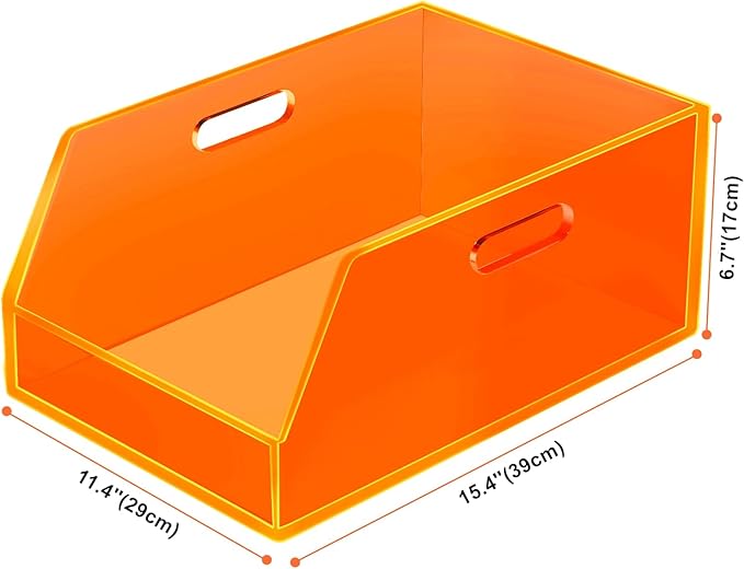 Gelite Stackable Storage Bins Open Front Organizer Bins with Handles Acrylic Storage Container for Pantry Kitchen Cabinet Bathroom Closet Office Organization, 15.4x11.4x6.7'', Neon Orange