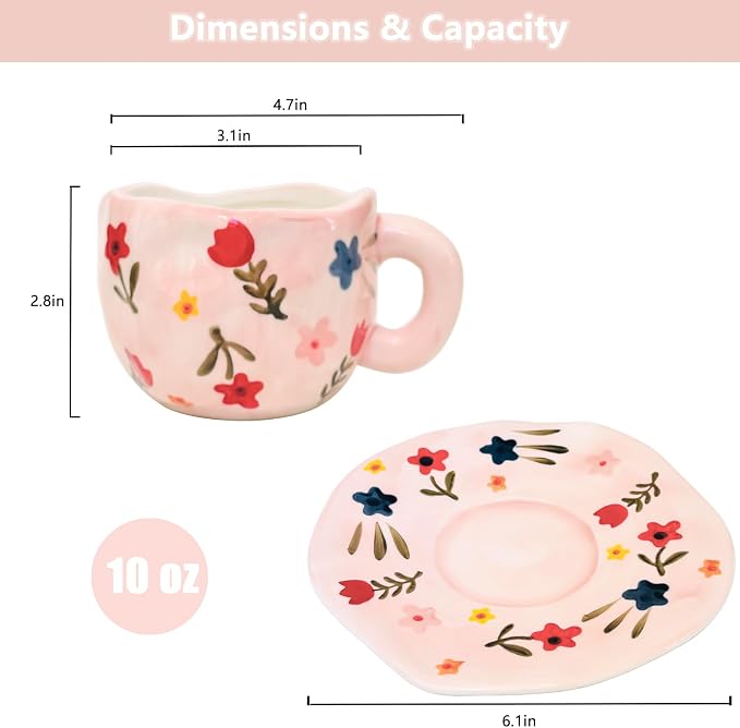 Noviko Flower Coffee Mug Pink Fancy Cup with Saucer Set for Women 10 oz