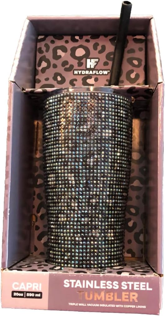 HYDRAFLOW Capri BLING - 20oz Tumbler with Straw - Triple Wall Vacuum Insulated Insulated Travel Cup - Stainless Steel - Reusable Cup with Dual Lid (Leopard Bling Rhinestone)