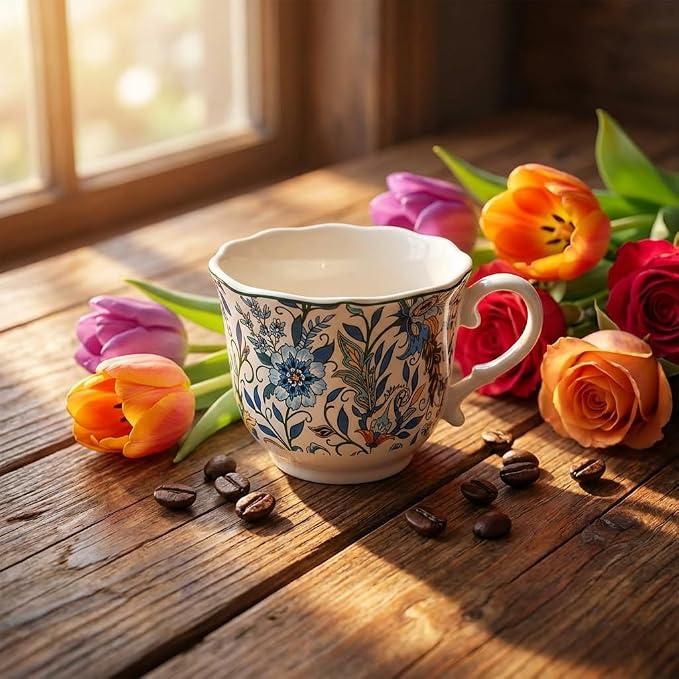 Bone China Tea Cup and Saucer Set with Spoon，Elegant Floral Tea Cup Set (7 oz)，British Coffee Latte Mug