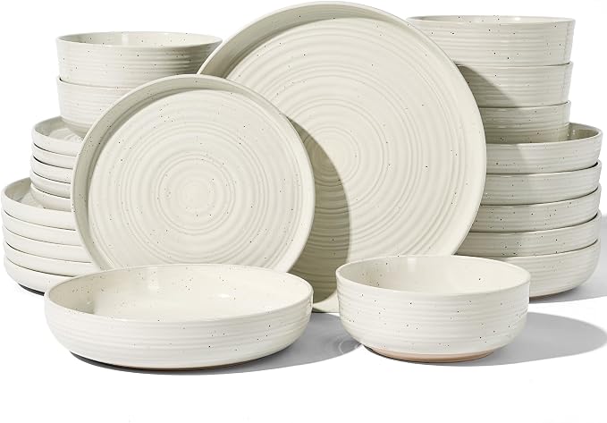 24-Piece Stoneware Dinnerware Sets for 6 with Pasta Bowls – Speckled Glaze with Spiral Design, Coupe Plates and Bowls - Chip & Scratch Resistant, Microwave & Dishwasher Safe, Cream