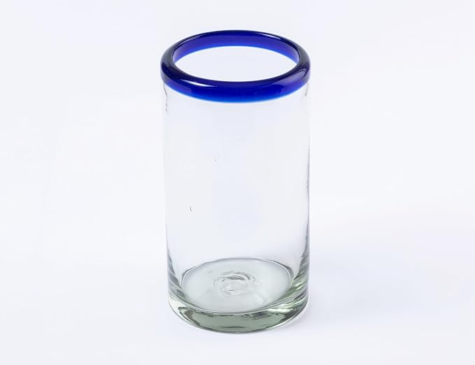 18 oz Hand Blown Mexican Drinking Glasses - Set of 6 tumblers, 18 fl oz each, Cobalt-Blue Rim