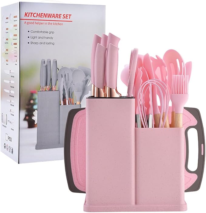 19 Pcs Kitchen Cooking Utensils and Knife Set with Block, with 11 Piece Silicone Cooking Utensils Set 5 Pcs Sharp Stainless Steel Chef Knives Scissors Whisk Tongs and Cutting Board (Cherry Pink)