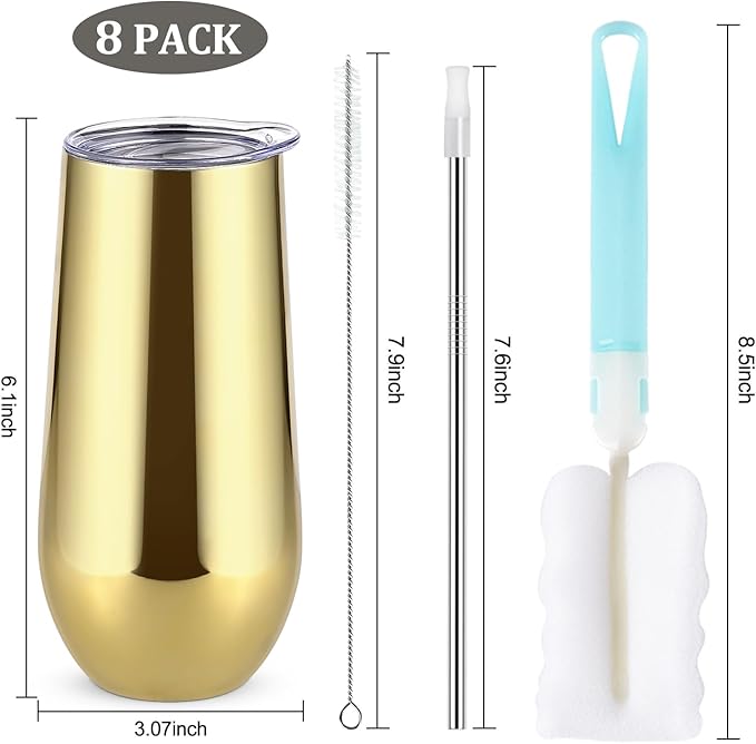 Lifecapido 8 Pack Insulated Stemless Tumblers, 12oz Stainless Steel Flute Tumblers, Gold Plating for Birthday Party Wedding Christmas